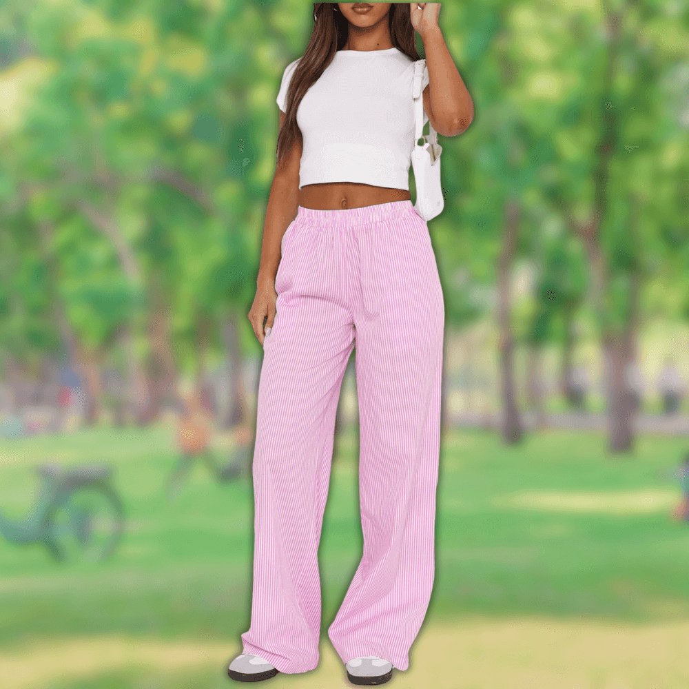 Ladies High Waist Flare Leg Pants with Lace Trim