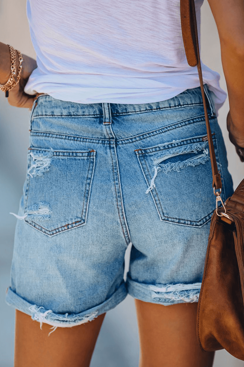 Distressed Denim Shorts with Tassels