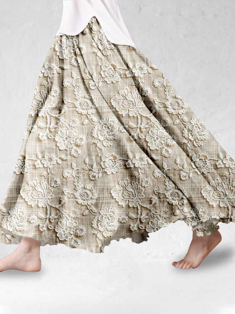Caliane | White Maxi Skirt for Women - Floral Lace-Inspired Print 1