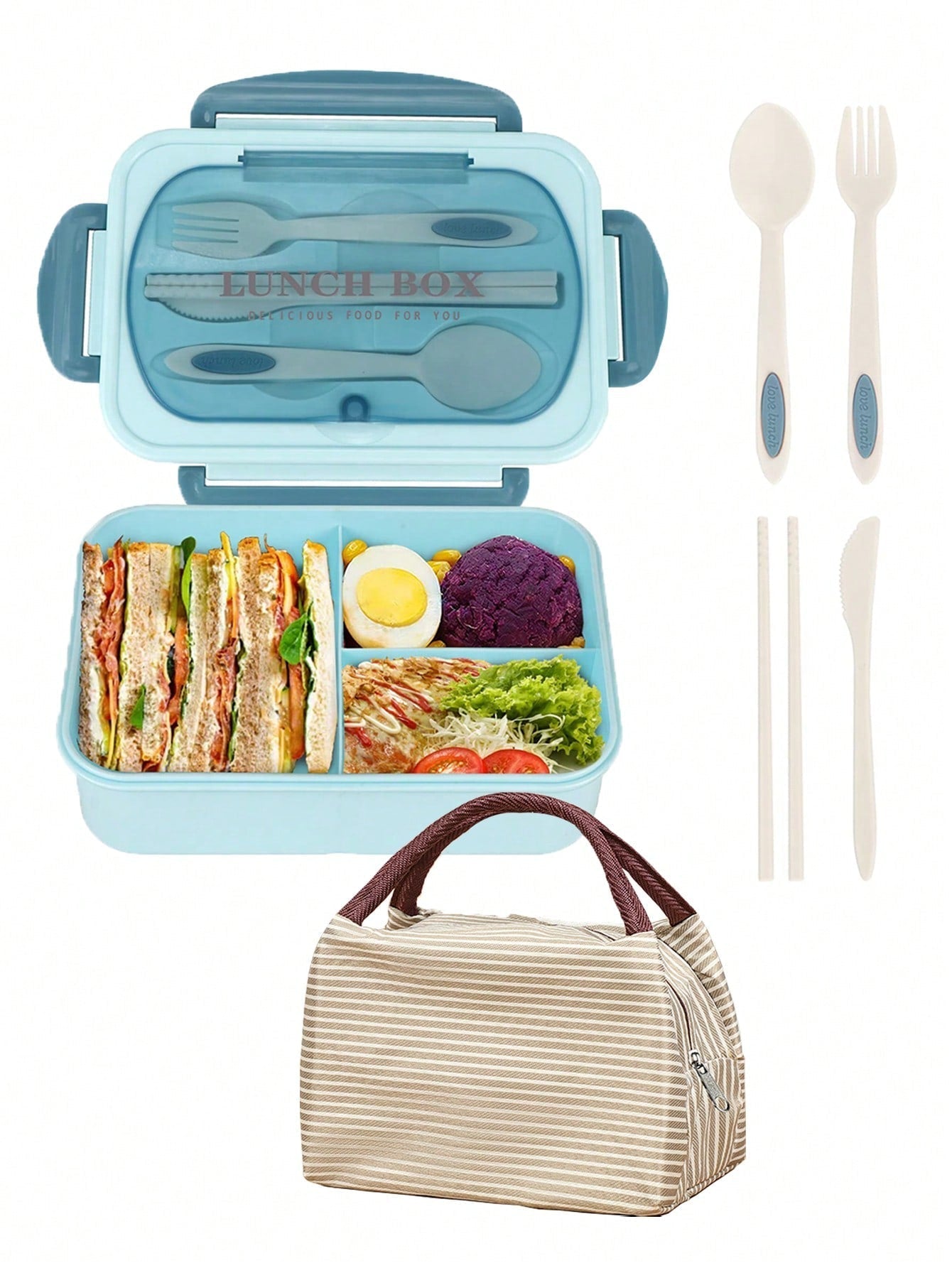Spill-Proof Large Bento Box with Utensils - 3 Section Container