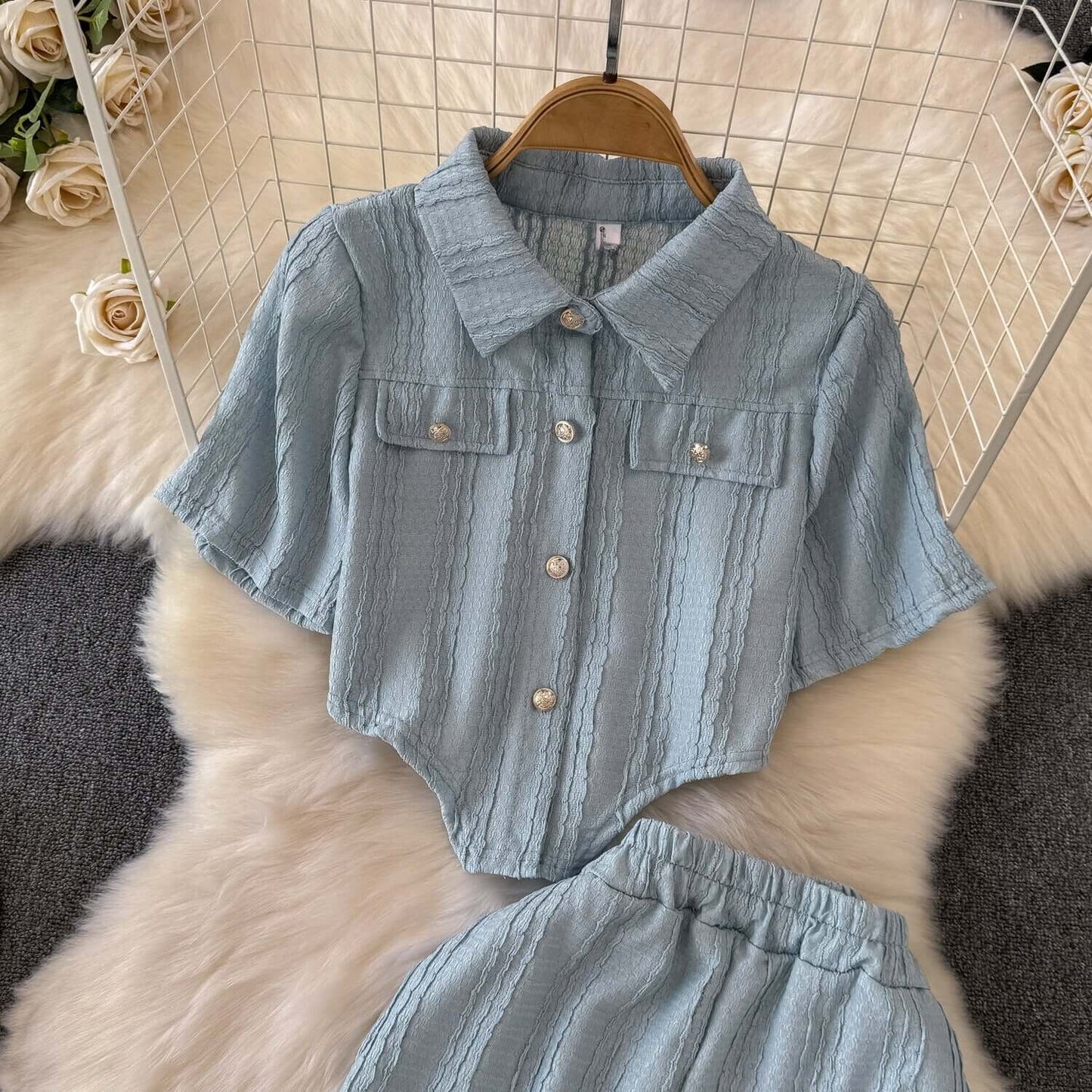 Ladies' Short Sleeve Crop Top and Flared Pants Set