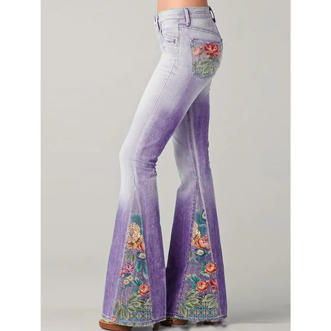 Women's Wide Leg Jeans with Classic Floral Embroidery