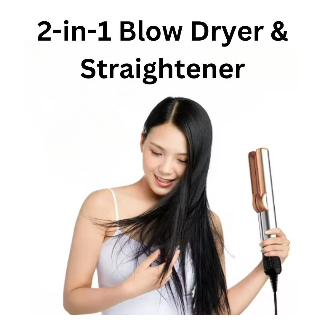 "2-in-1 hair dryer and straightener in blue and gold-gray, sleek design, with customizable heat settings, lightweight for tra
