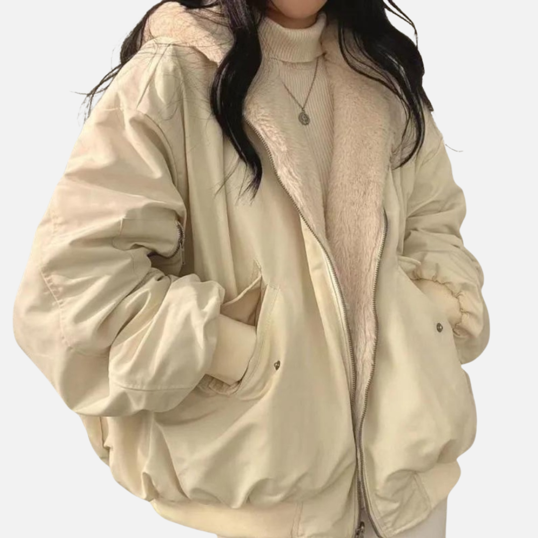 Women's Oversized Bomber Jacket - Warm Fleece Lined Hooded Puffer