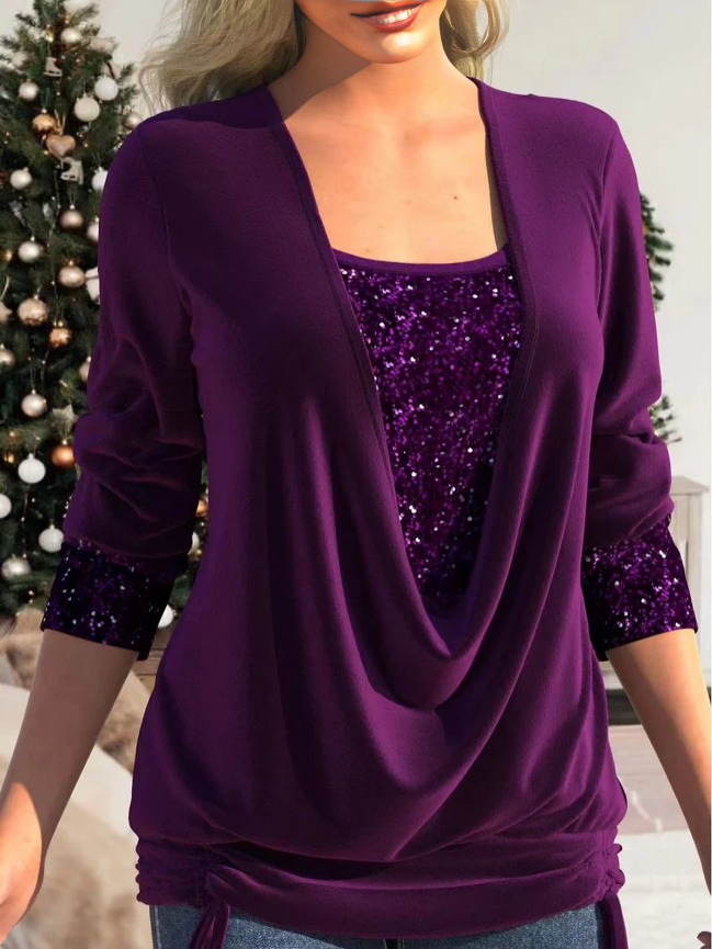 Ladies Sparkly Deep Neck Long Sleeve Top