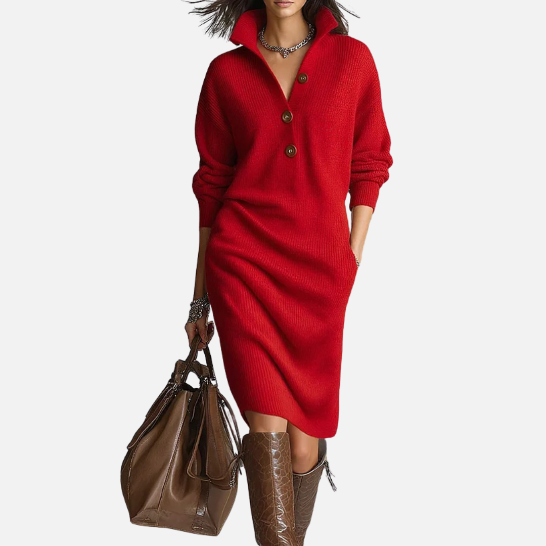 Clara | Ribbed Knit Polo Midi Dress