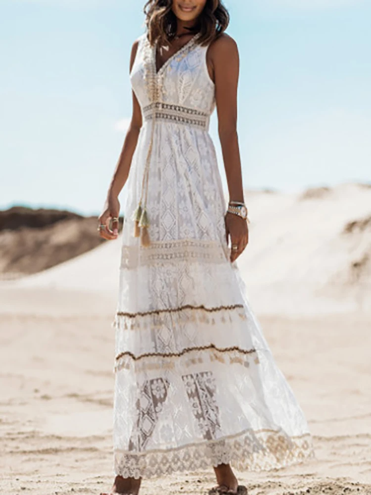 Retro Bohemian Tassel Tie Waist Dress