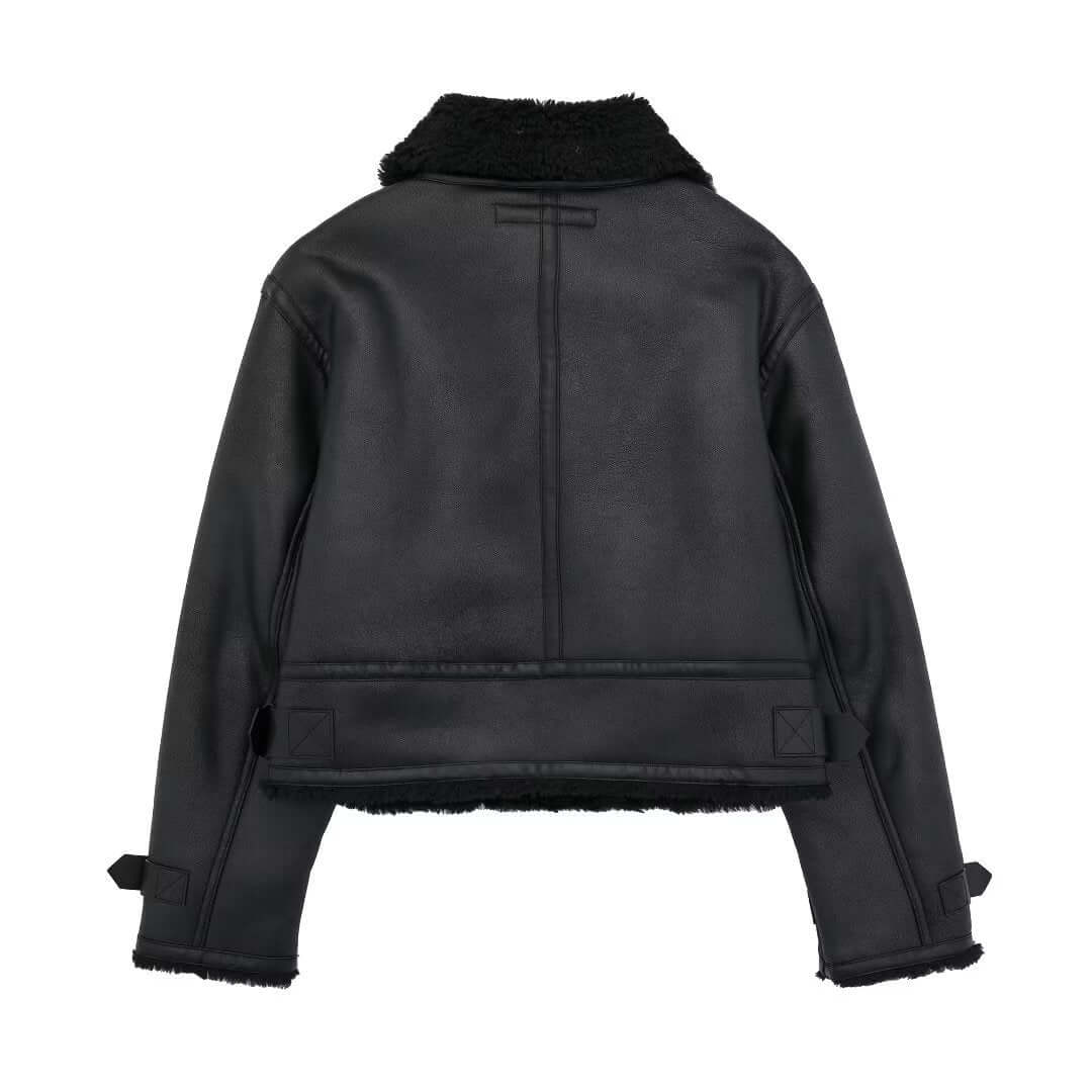 Ladies Synthetic Leather Coat with Faux Fur Trim