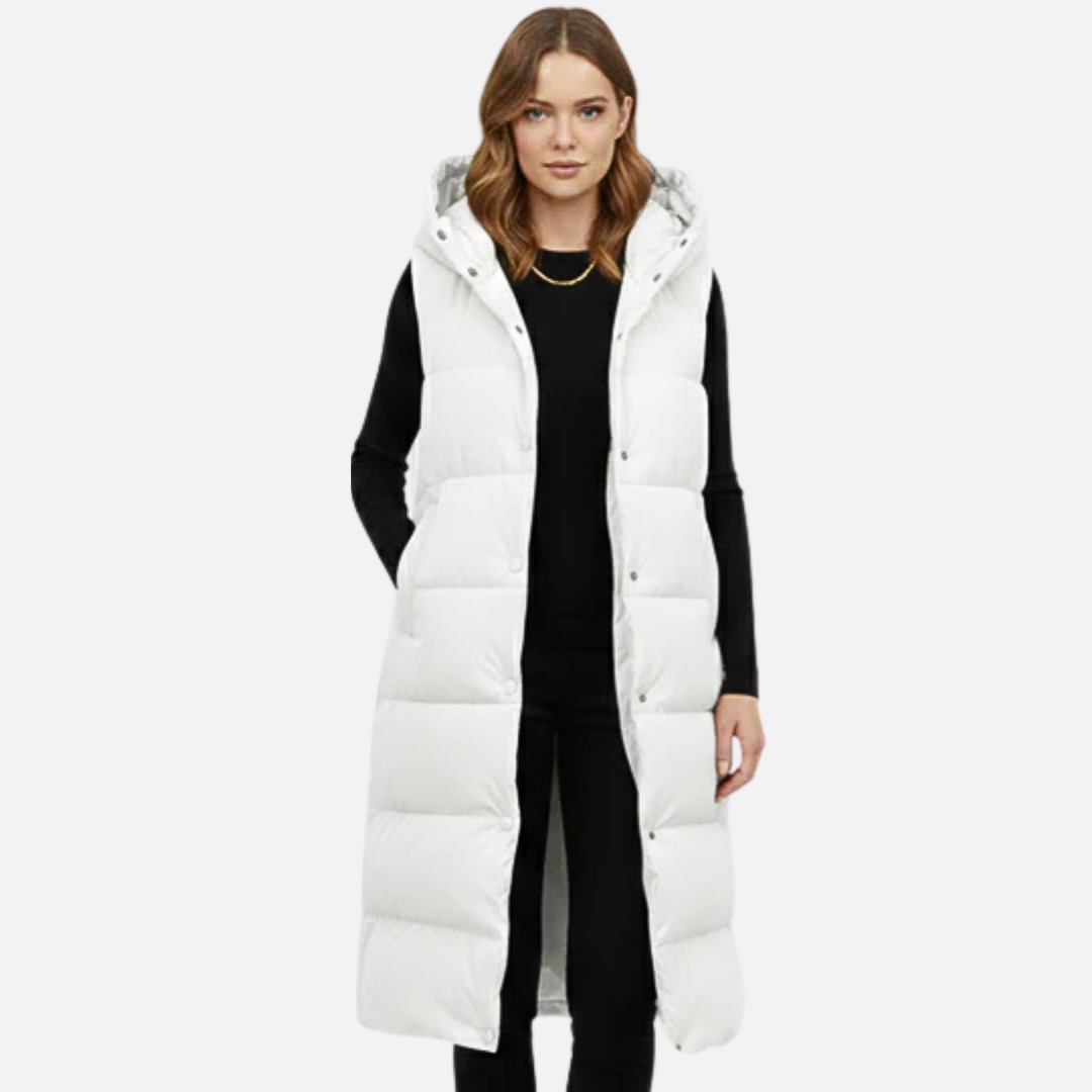 Women's Longline Puffer Vest - Hooded Sleeveless Quilted Gilet