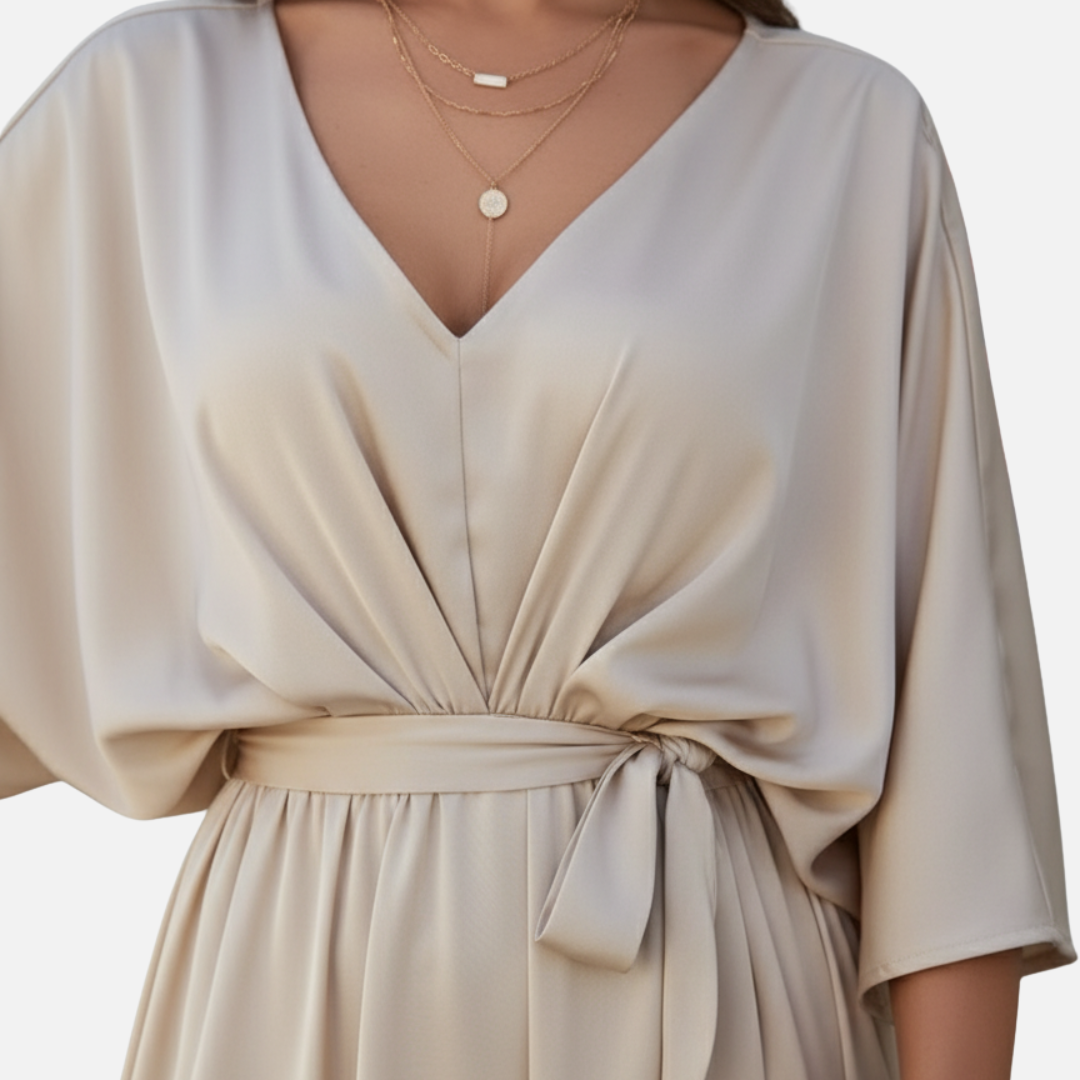 Women's Satin Maxi Dress - Elegant V-Neck Batwing Sleeve Evening Gown