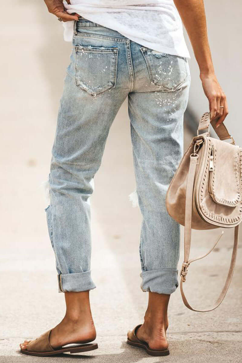 Ladies Distressed Straight Fit High Waist Jeans