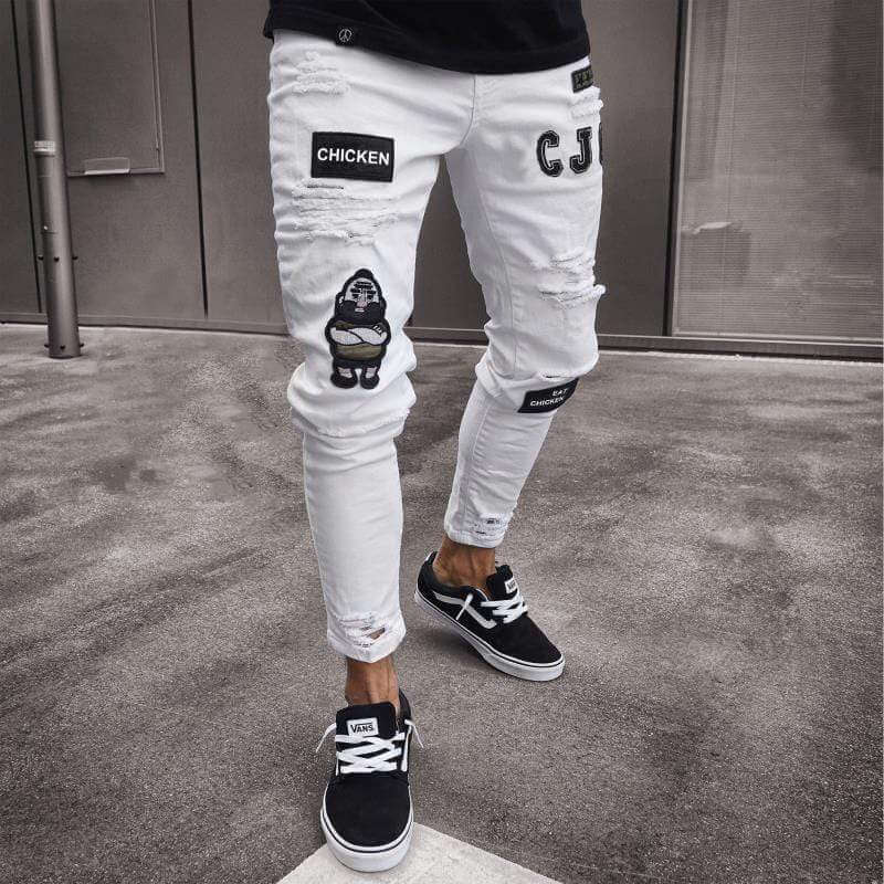 Ripped Skinny Mens Jeans with Cool Patch Details