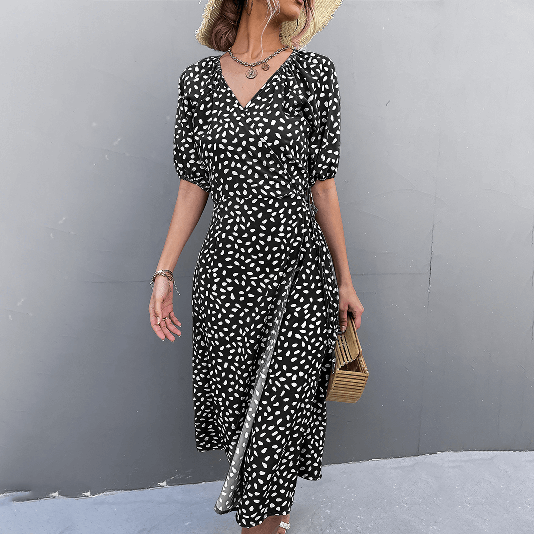 Spotted V Neck Wrap Around Dress