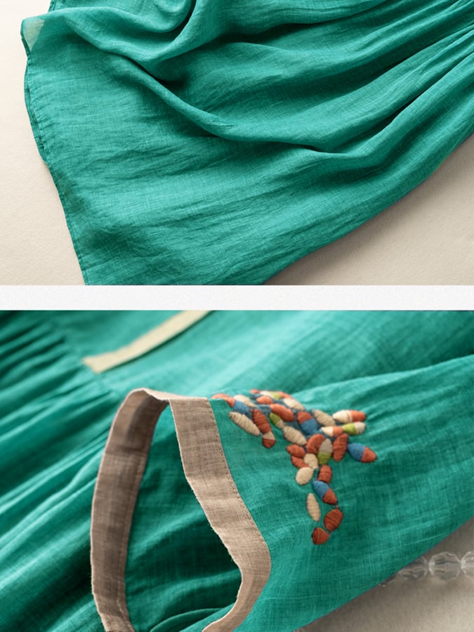 Casual Womens Linen Summer Embroidered Midi Dress