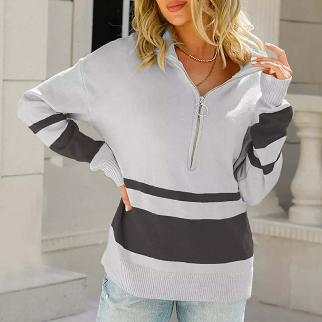 Ladies' Horizontal Zip Up Knit Sweater