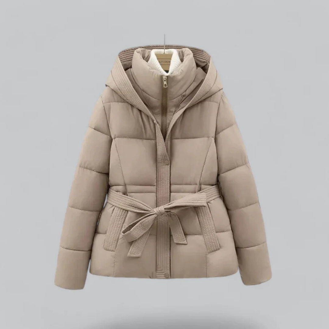 Warm Women's Puffer Coat with Adjustable Waist and Hood