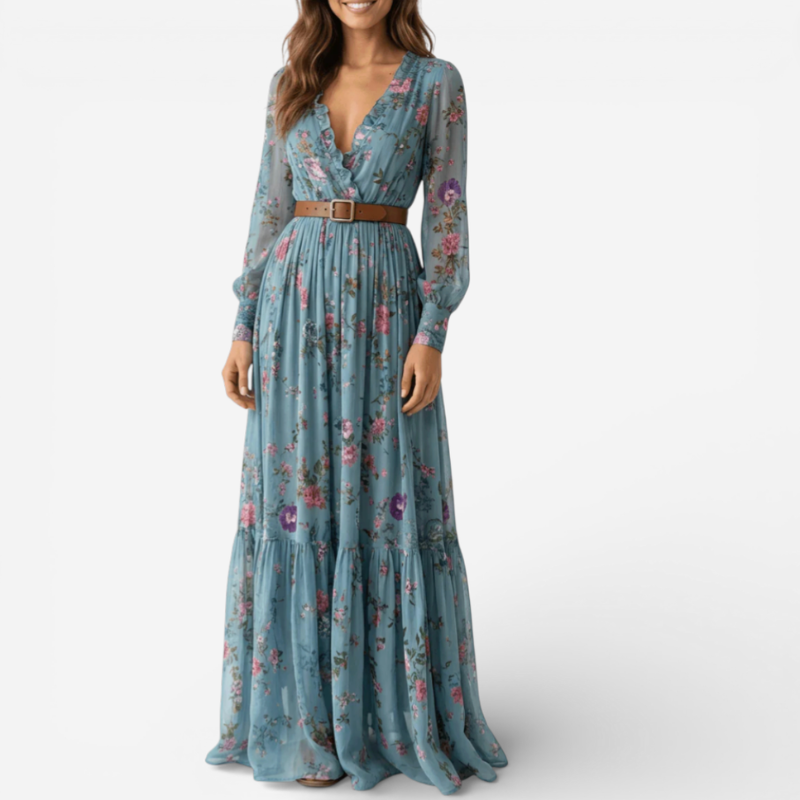 Ladies Elegant Floor Length Dress With Waist Belt