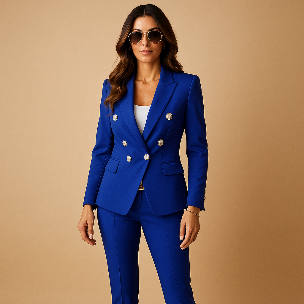 Women’s formal suit set with tailored blazer and trousers in black, red, and blue, perfect for office, business, or elegant occasions