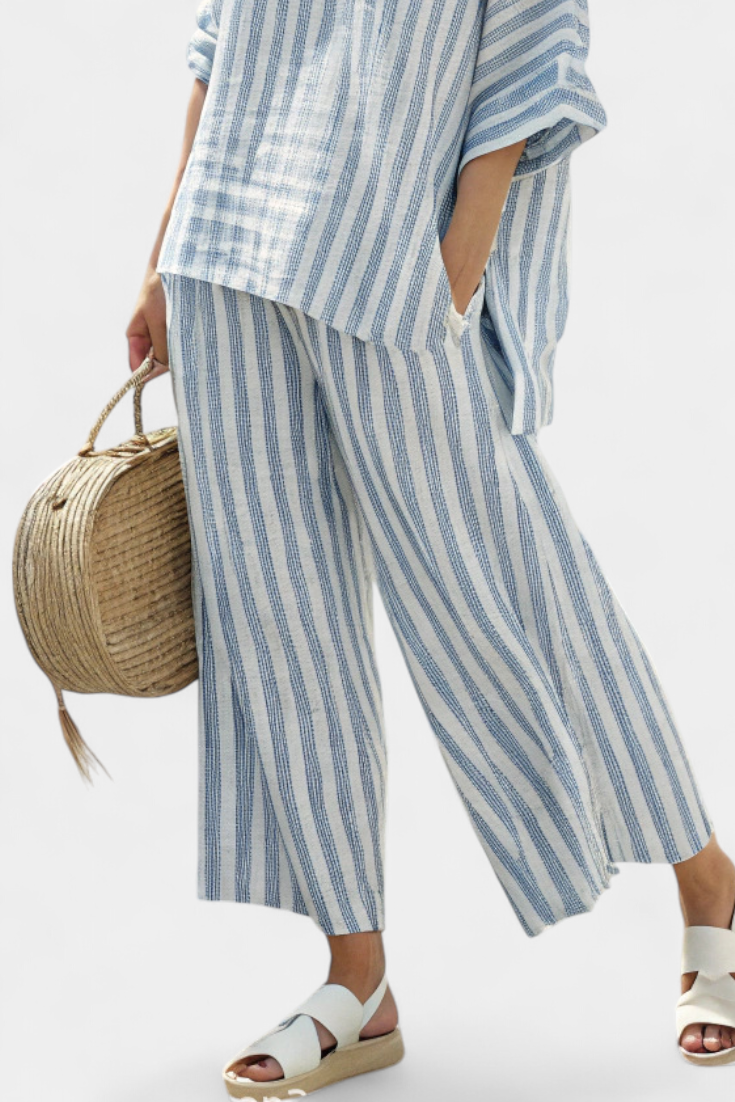 Blue Striped Linen Top and Relaxed Pants Set | Women's Outfit 3