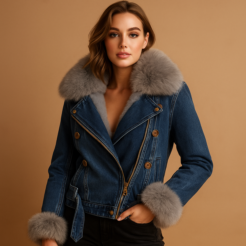 Cropped denim winter jacket for women with soft faux fur lining, perfect for staying warm and stylish in cold weather.