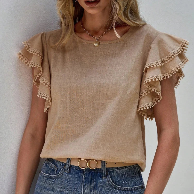 Feminine V-Neck Floral Sleeve Top