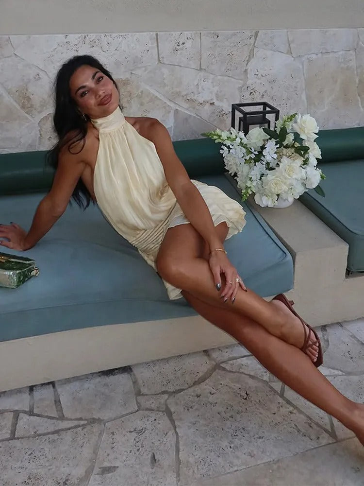 Luna | White Mini Dress - Pleated Satin Long Sleeve Evening Wear-6