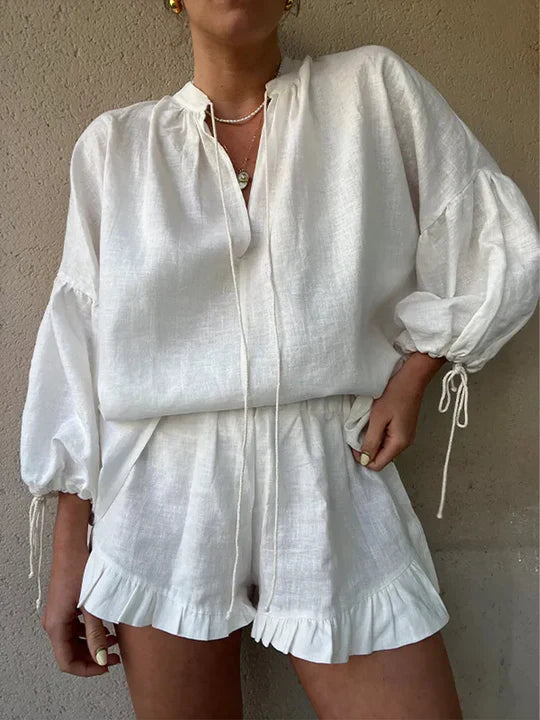 Luna | Womens Loungewear Set with Ruffle-Hem Shorts and Adjustable Tie Sleeves-4