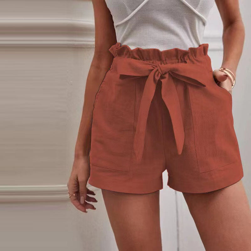 Elastic Waist Ladies Shorts with Adjustable Belt and Pockets