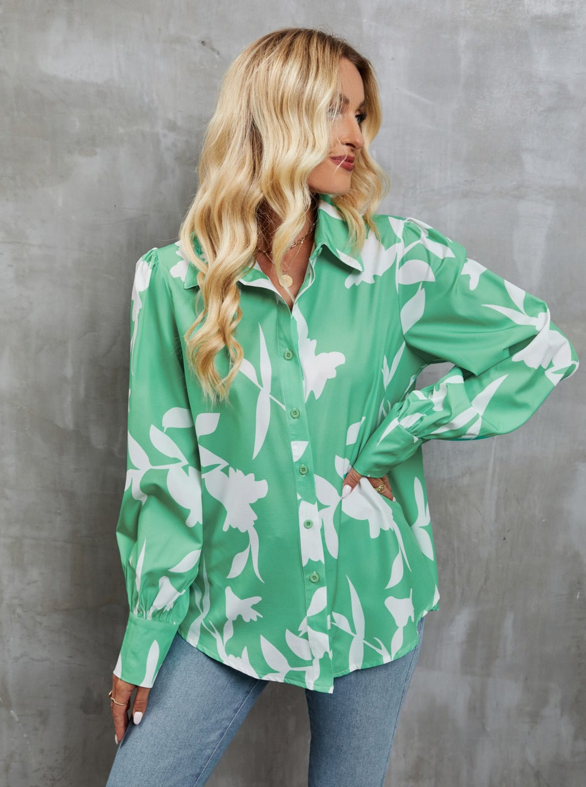 Ladies' Floral Sleeve Button Down Top