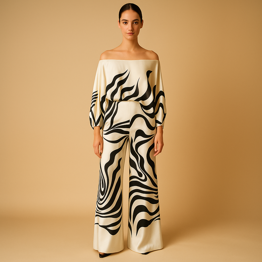 Women’s summer outfit with off-shoulder top and wide-leg trousers in soft colours and prints, ideal for warm days, dinners, or office wear