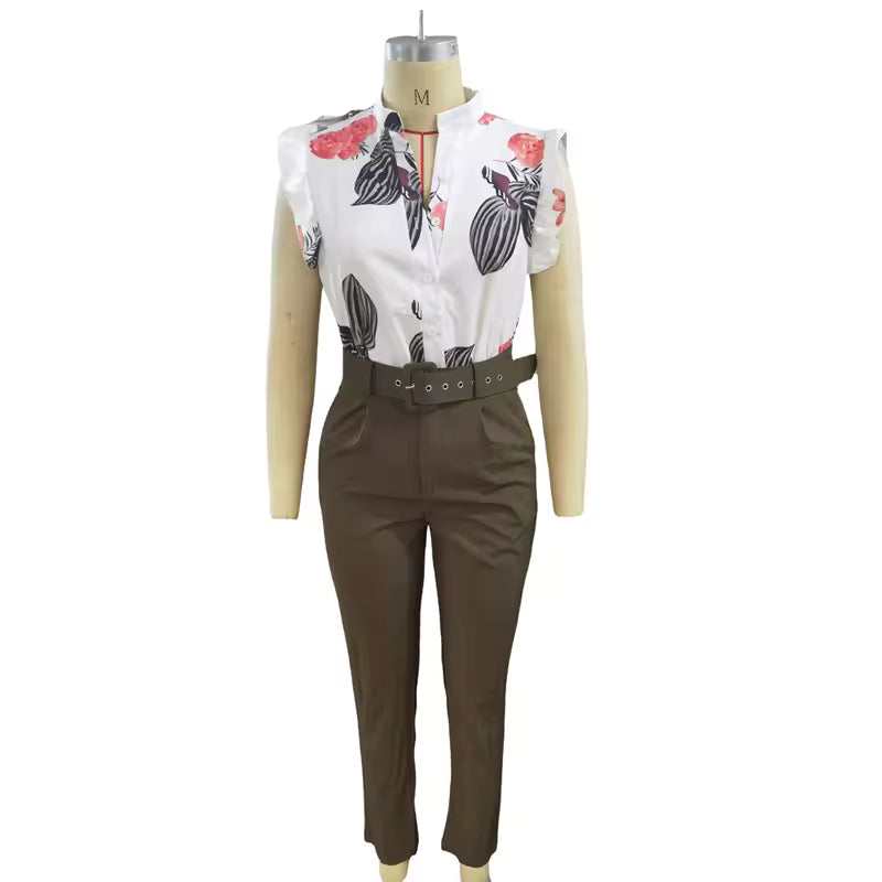Floral Blouse and Fitted Pants Set