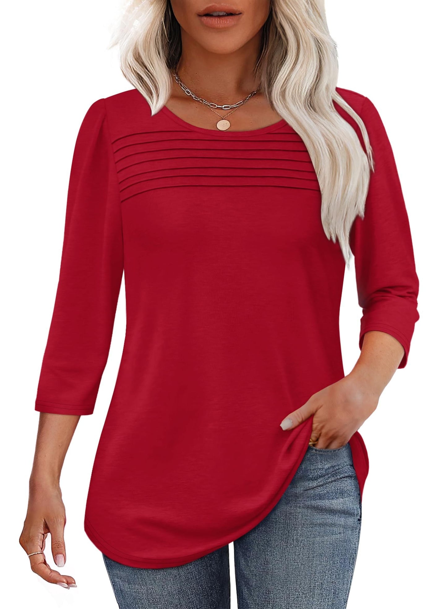 Variant image for Sofia | Pleated Blouse - 3/4 Sleeve V-Neck Dressy Casual Top-31