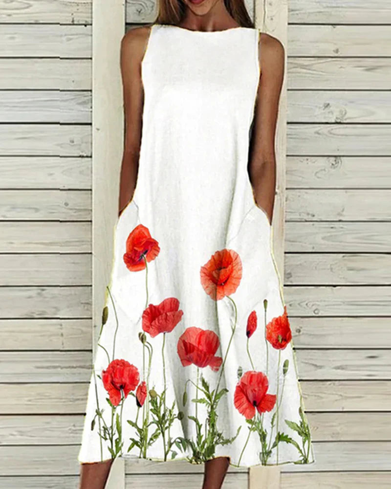 Sabine | Flower Print A-Line Midi Dress