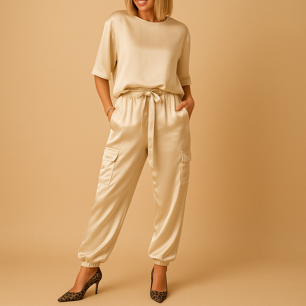 Two-piece women’s satin outfit with half-sleeve top and straight trousers in black, champagne, olive green, and dark red, perfect for autumn or elegant loungewear