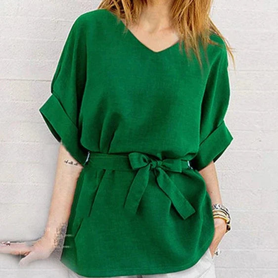 Ladies' Relaxed Fit V-Neck Blouse with Waist Belt