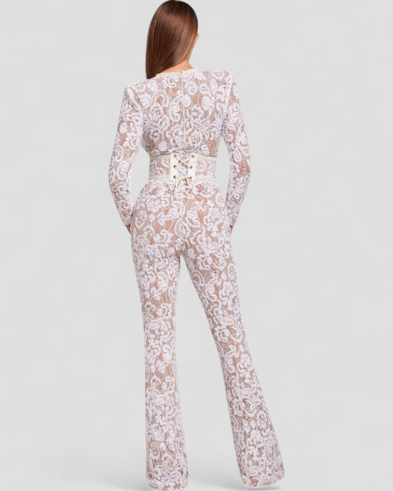 Sequin Lace Flare Jumpsuit with Waist Sculpt Detail 4