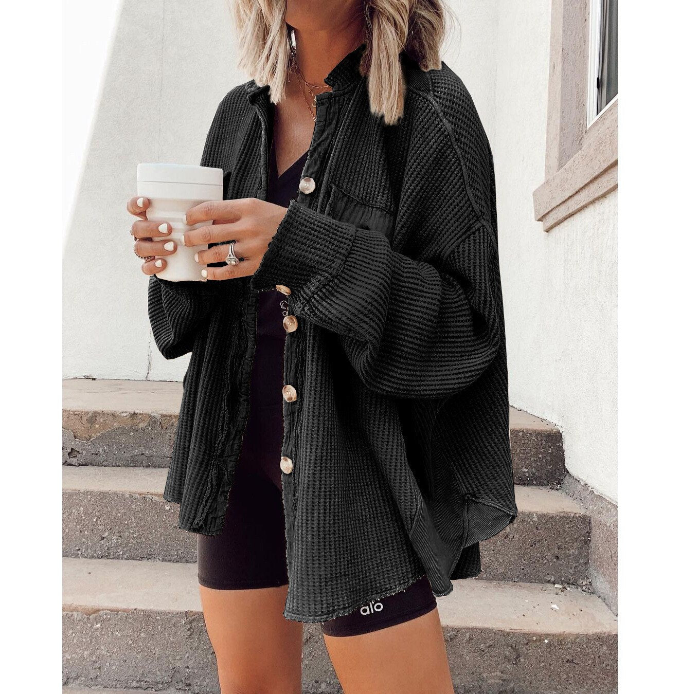 Soft Relaxed Fit Waffle Knit Button Down Shirt