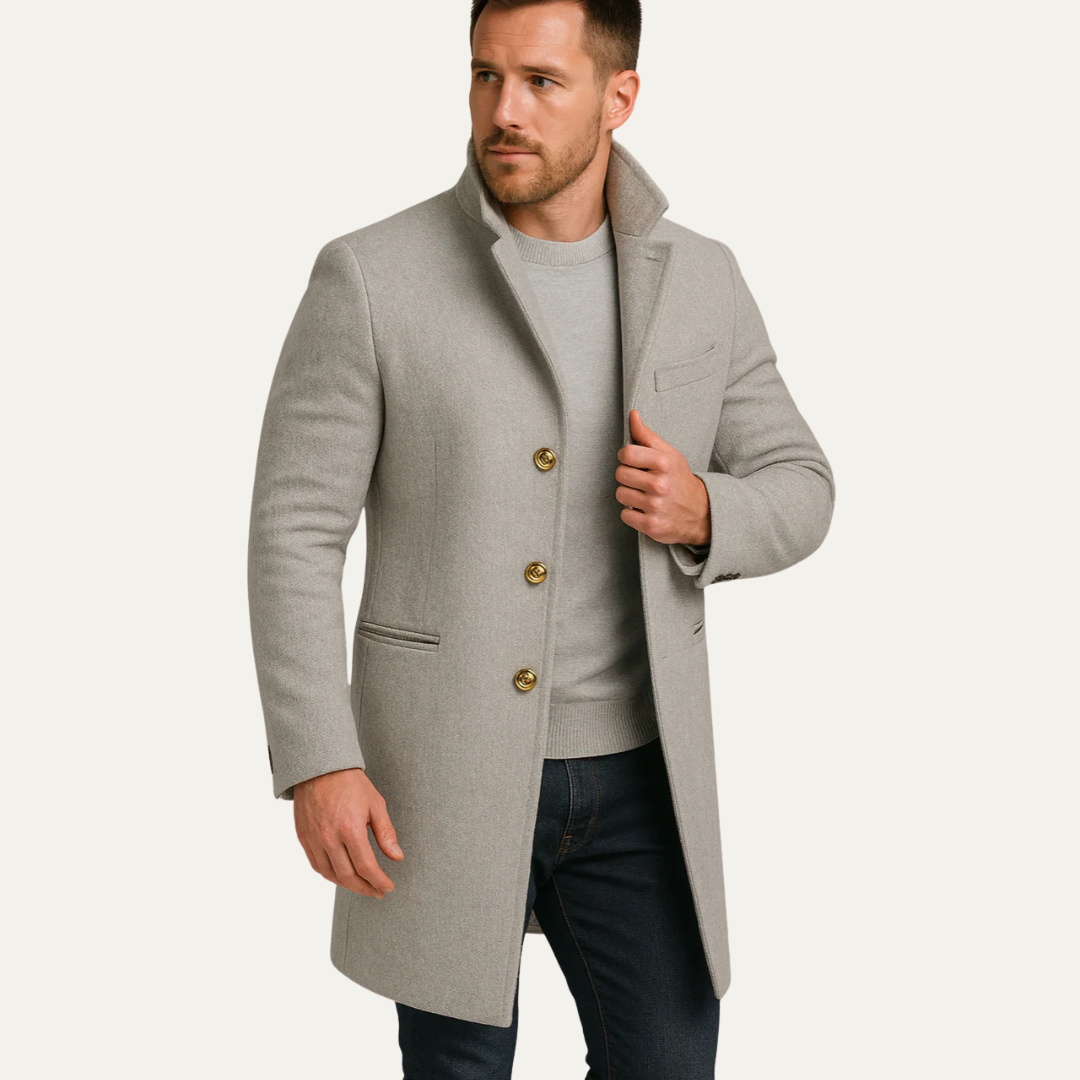 VogeLuxe | Men’s Gold-Button Mid-Length Topcoat 2