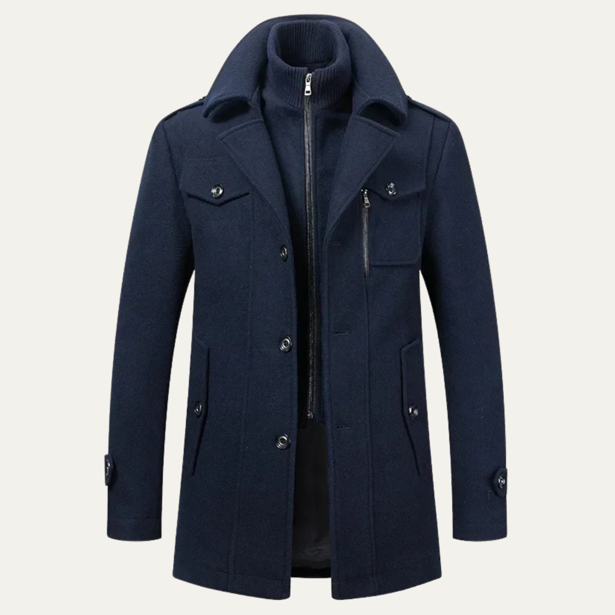 VogeLuxe | Men’s Layered Mock-Neck Peacoat Jacket 8