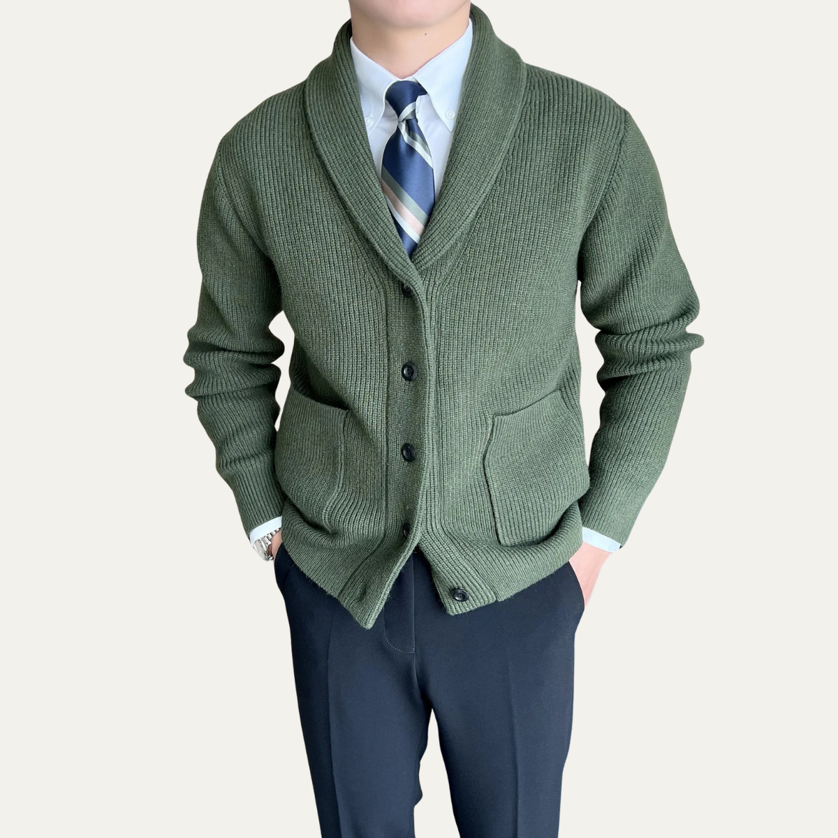 VogeLuxe | Men’s Shawl-Collar Ribbed Knit Winter Cardigan 3