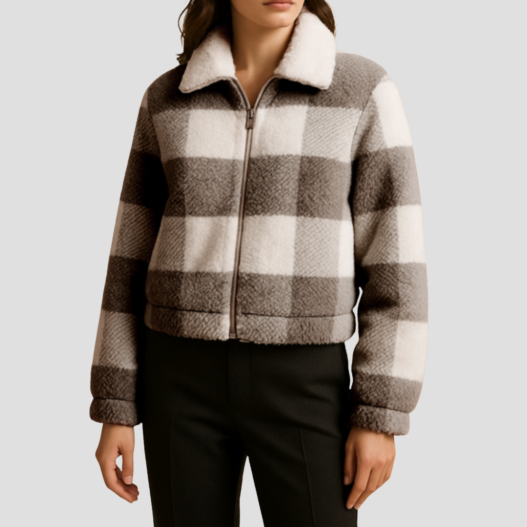 VogeLuxe | Women’s Cropped Plaid Shearling Bomber Jacket 2