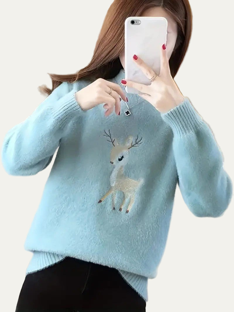 VogeLuxe | Women’s Fuzzy Deer Embroidered Mock Turtleneck 10