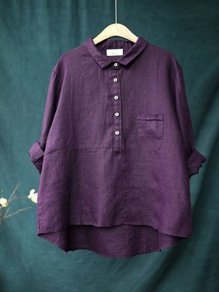 Women's lapel neck cotton casual solid colour long sleeve shirt 3