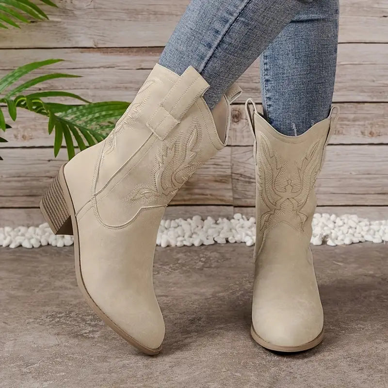 Ladies Western Ankle Boots with Embroidery Block Heel