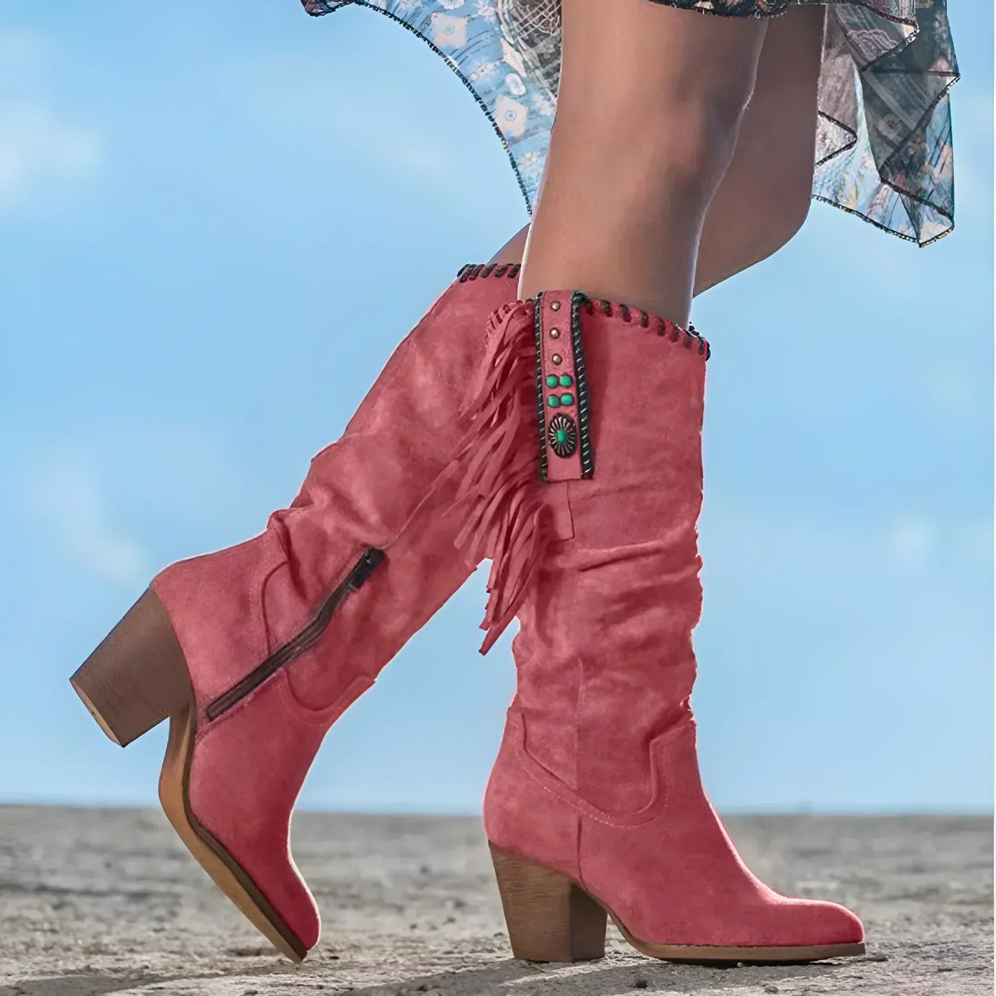 Ladies Western Boots Mid Calf Buckle Detail