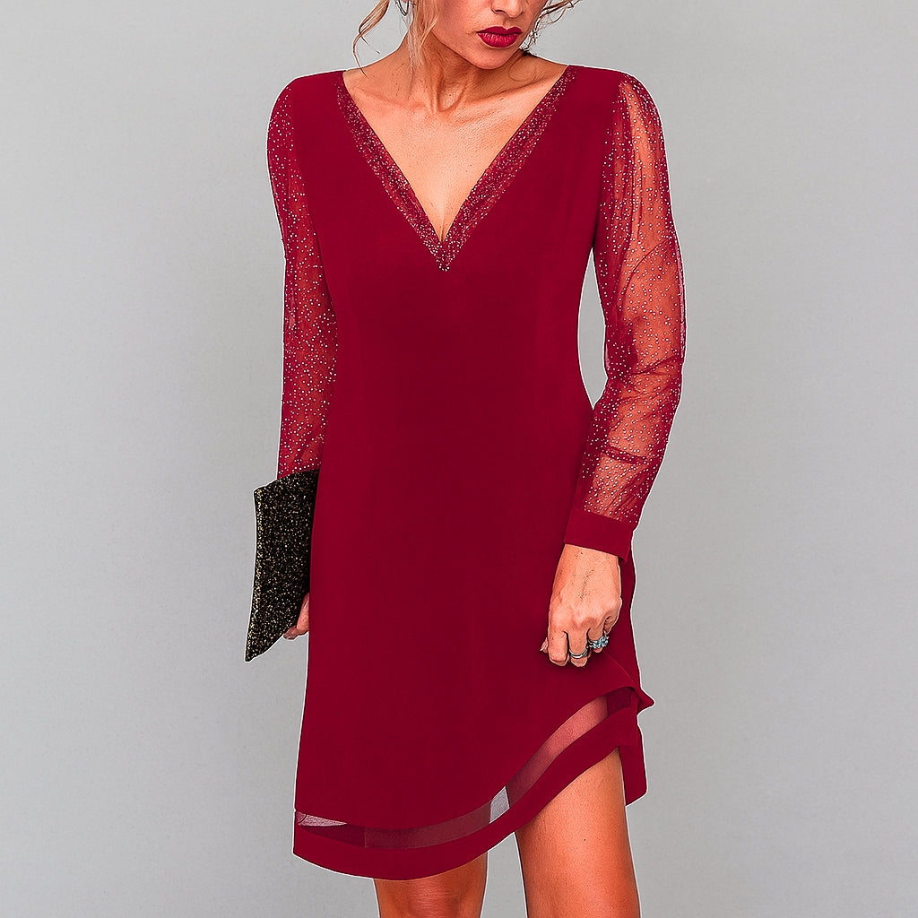 Ladies Elegant Midi Dress V Neck Long Sleeve - Luxivelle