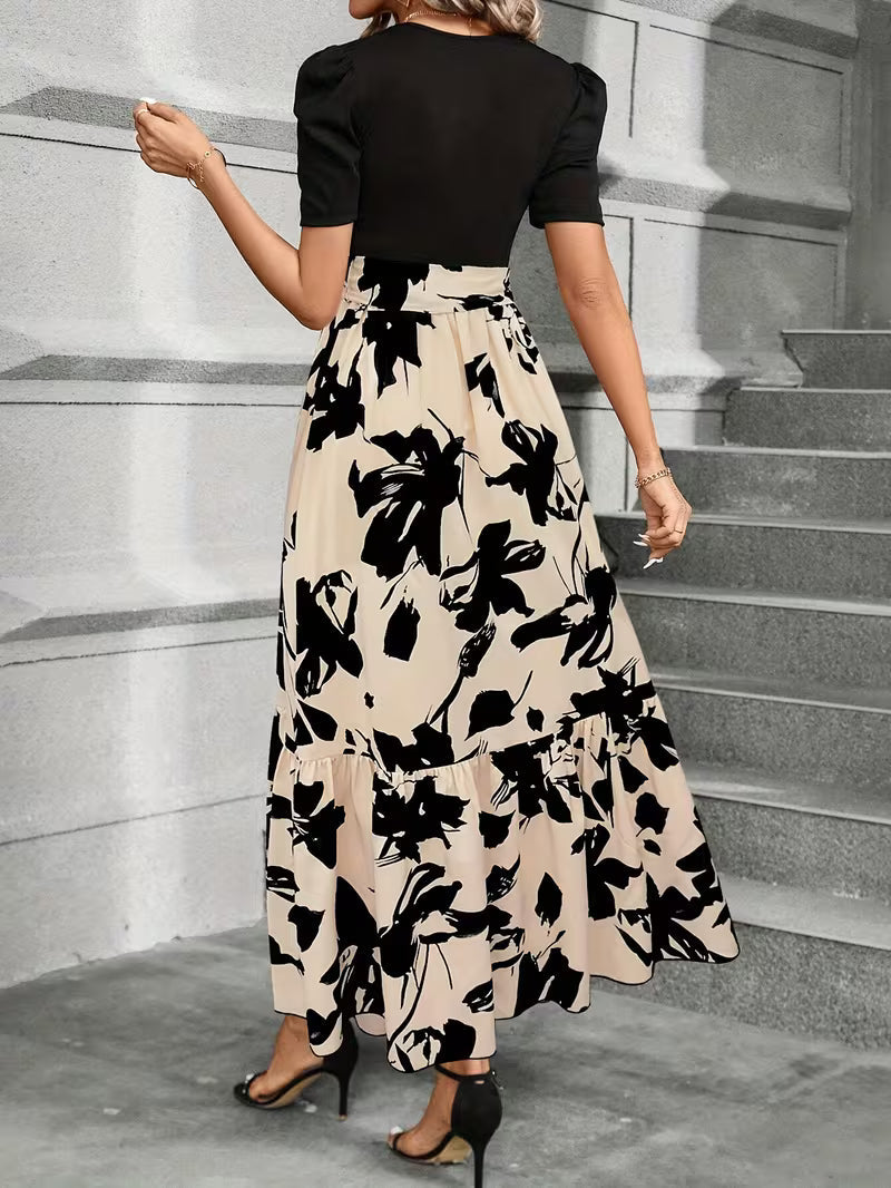 Elegant Maxi Dress with Short Sleeves and Sash Waist