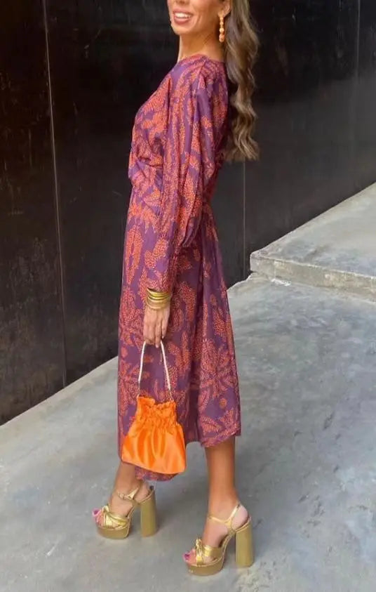 Elegant Ladies V Neck Tie Front Midi Dress