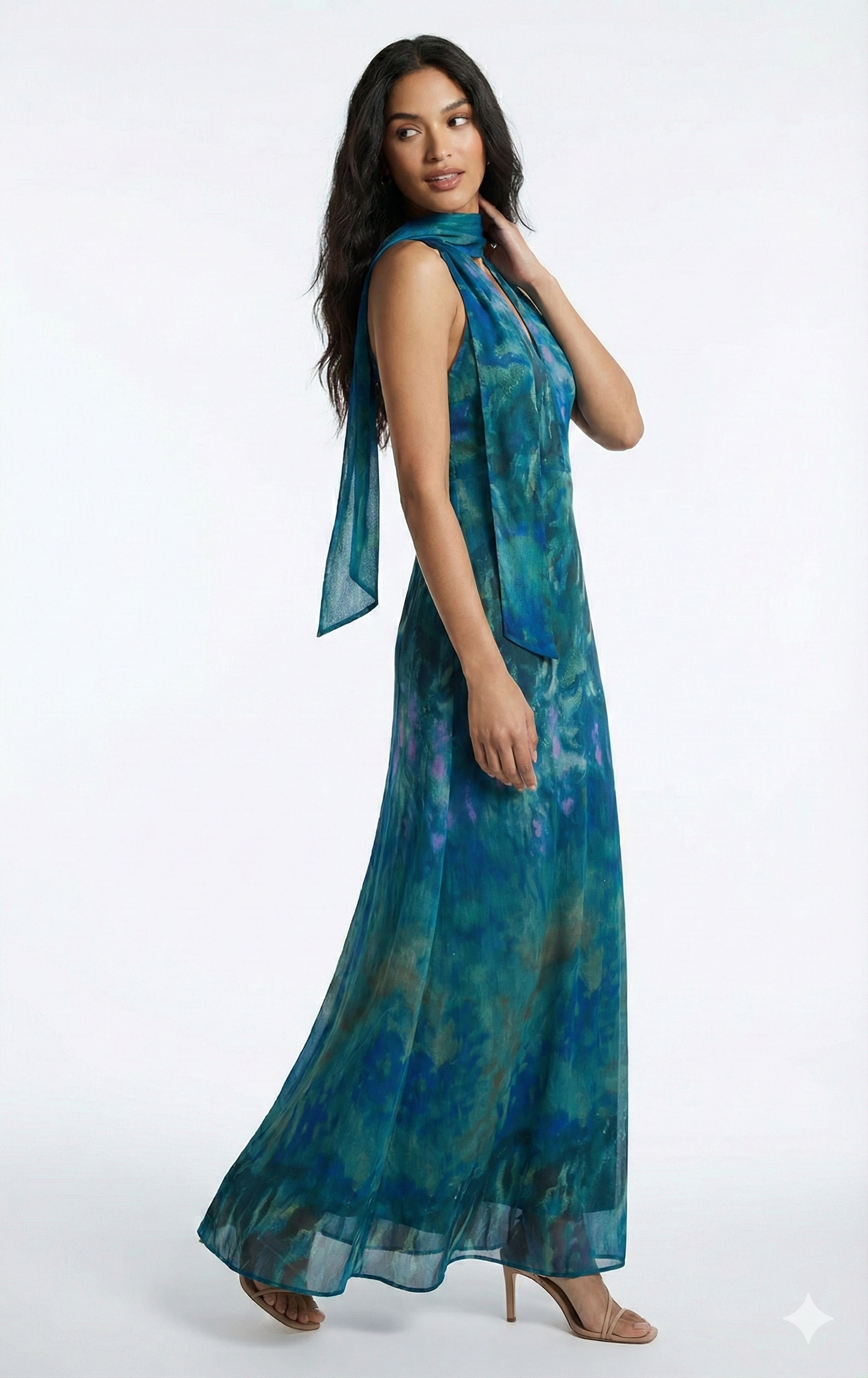 Ladies Long Floral Dress with Halter Neckline