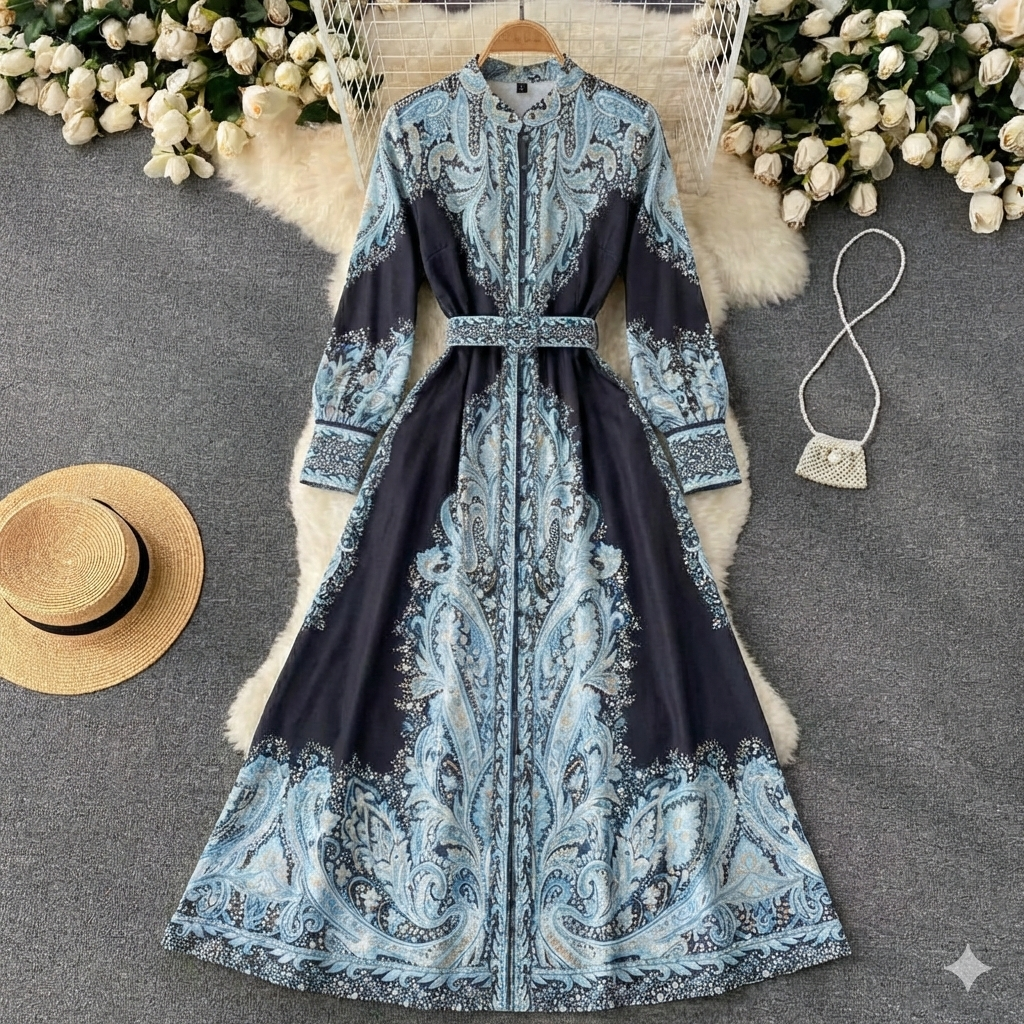 Elegant Long Sleeve Floor Length Belted Dress